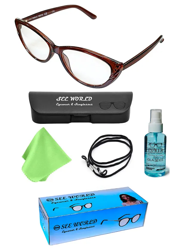 SEE_WORLD_-_BROWN_Frame_Cat_Eye_Style_Reading_Eyeglasses_With_Hard_Case,_Lens_Cleaning_Spray,_Cleaning_Cloth_And_Hanging_Dori