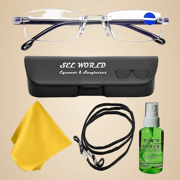 SEE_WORLD_-_BLACK_Blue-Cut_Rimless_Frame_Reading_Eyeglasses_With_Hard_Case,_Lens_Cleaning_Spray,_Cleaning_Cloth_And_Hanging_Dori