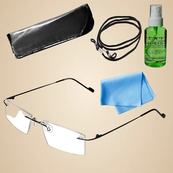 See_World_-_BLACK_Rimless_Thin_Metal_Frame_Reading_Eyeglasses_With_Soft_Cover,_Lens_Cleaning_Spray,_Cleaning_Cloth_&_Hanging_Dori