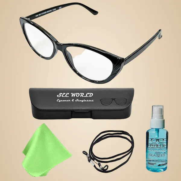 SEE_WORLD_-_BLACK_Frame_Cat_Eye_Style_Reading_Eyeglasses_With_Hard_Case,_Lens_Cleaning_Spray,_Cleaning_Cloth_And_Hanging_Dori