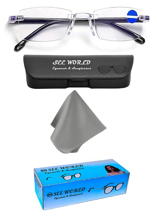 SEE_WORLD_-_BLACK_Rimless_Frame_Blue_Cut_Reading_Eyeglasses_With_Hard_Case_And_Cleaning_Cloth