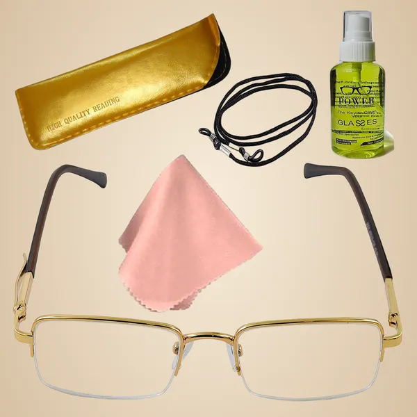 See_World_-_GOLDEN_Half_Rim_Metal_Frame_With_Pen_Clip_Spring_Hinges_Reading_Eye_Glasses_With_Eye_Protection,_Soft_Cover,_Cleaning_Spray,_Cleaning_Cloth_&_Dori