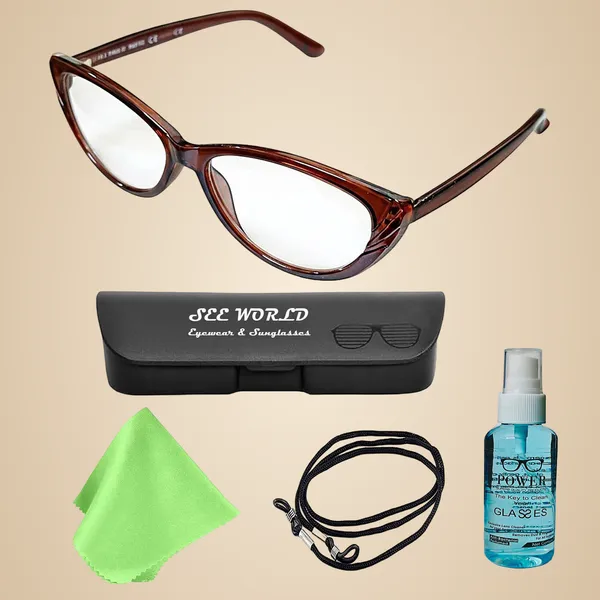 SEE_WORLD_-_BROWN_Frame_Cat_Eye_Style_Reading_Eyeglasses_With_Hard_Case,_Lens_Cleaning_Spray,_Cleaning_Cloth_And_Hanging_Dori