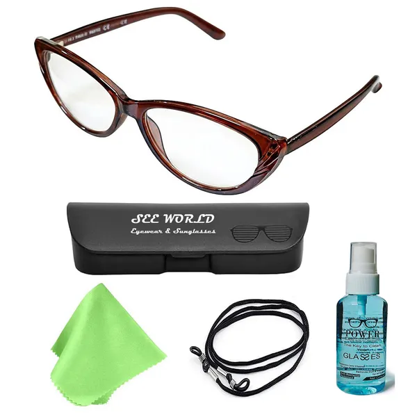 SEE_WORLD_-_BROWN_Frame_Cat_Eye_Style_Reading_Eyeglasses_With_Hard_Case,_Lens_Cleaning_Spray,_Cleaning_Cloth_And_Hanging_Dori