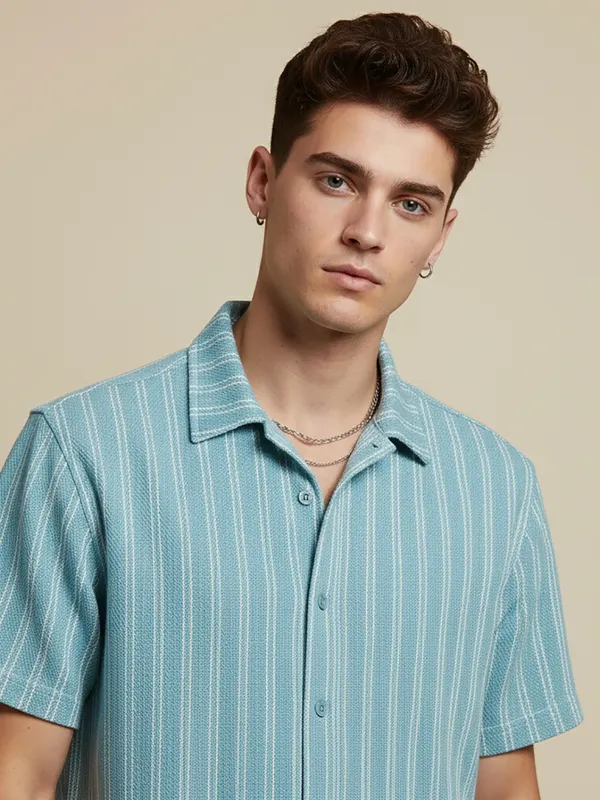 Sky_Blue_Cotton_Rich_Fabric_Shirt_Jaquard_Knit_For_Men