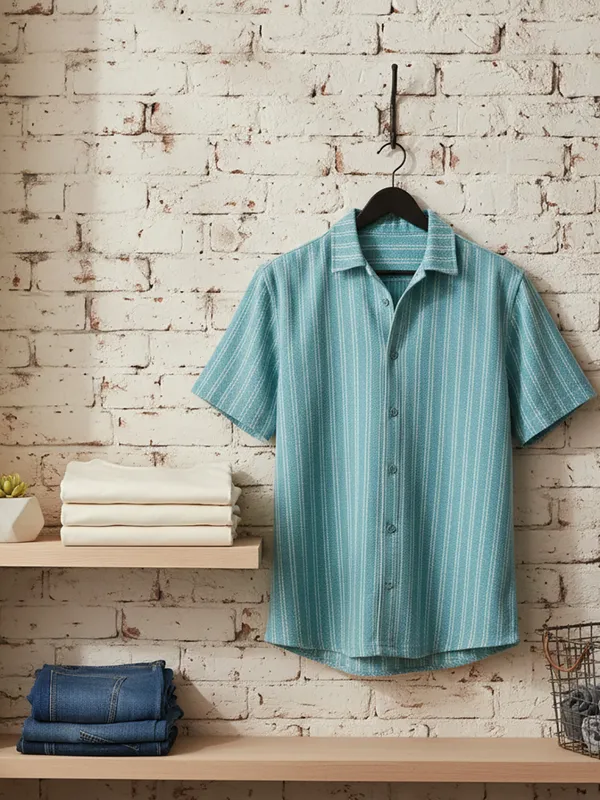 Sky_Blue_Cotton_Rich_Fabric_Shirt_Jaquard_Knit_For_Men