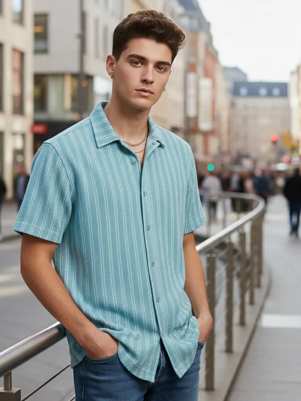 Sky_Blue_Cotton_Rich_Fabric_Shirt_Jaquard_Knit_For_Men