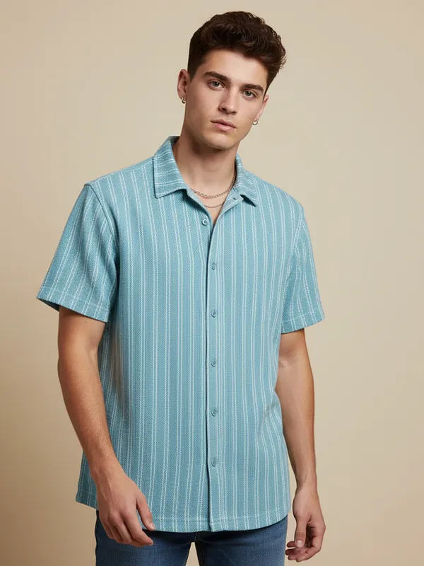 Sky_Blue_Cotton_Rich_Fabric_Shirt_Jaquard_Knit_For_Men