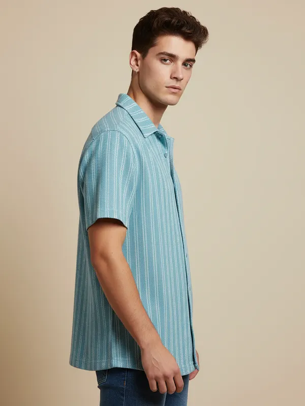 Sky_Blue_Cotton_Rich_Fabric_Shirt_Jaquard_Knit_For_Men