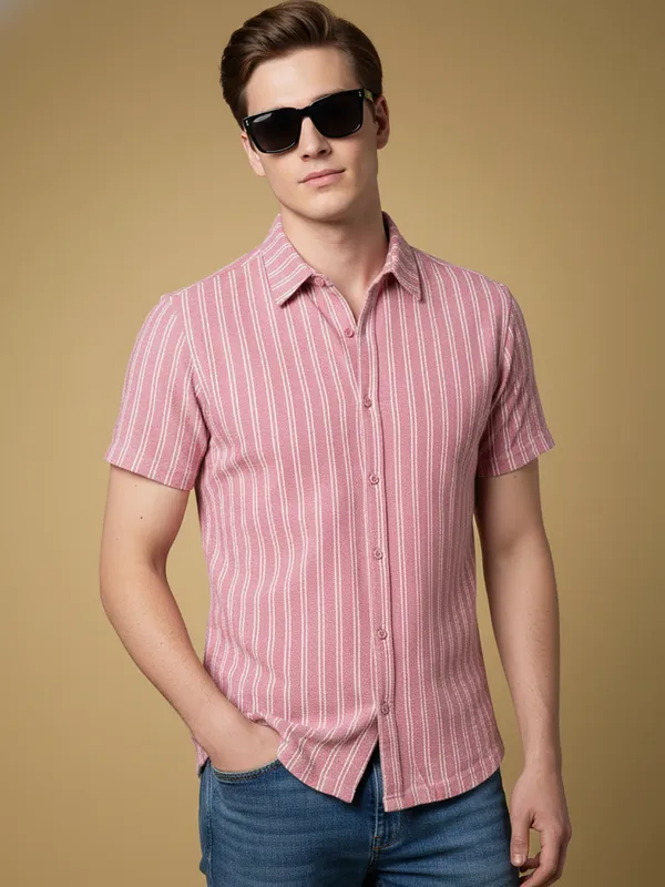 Pink_Cotton_Rich_Fabric_Shirt_Jaquard_Knit_For_Men