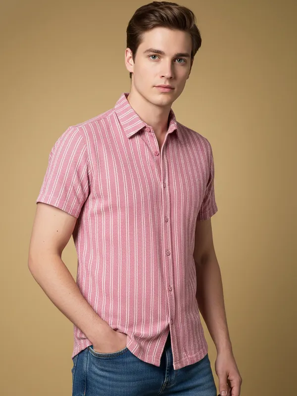Pink_Cotton_Rich_Fabric_Shirt_Jaquard_Knit_For_Men