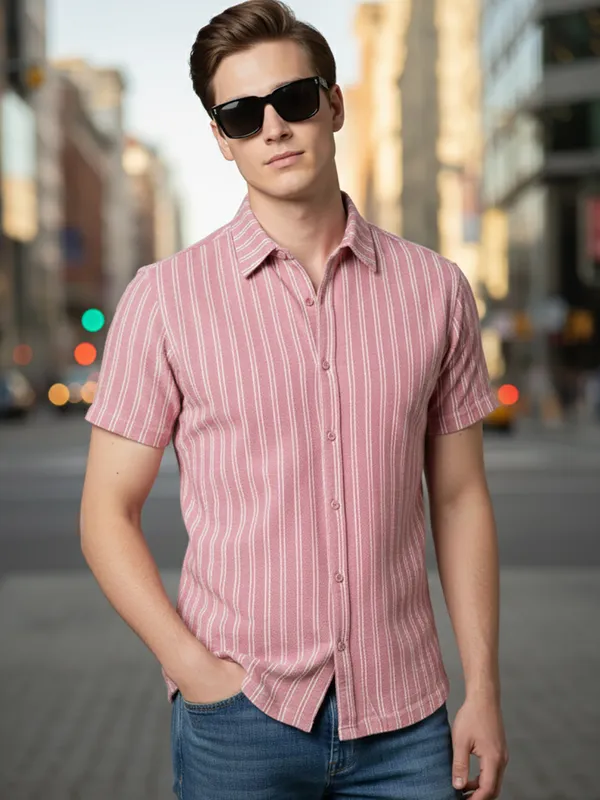 Pink_Cotton_Rich_Fabric_Shirt_Jaquard_Knit_For_Men