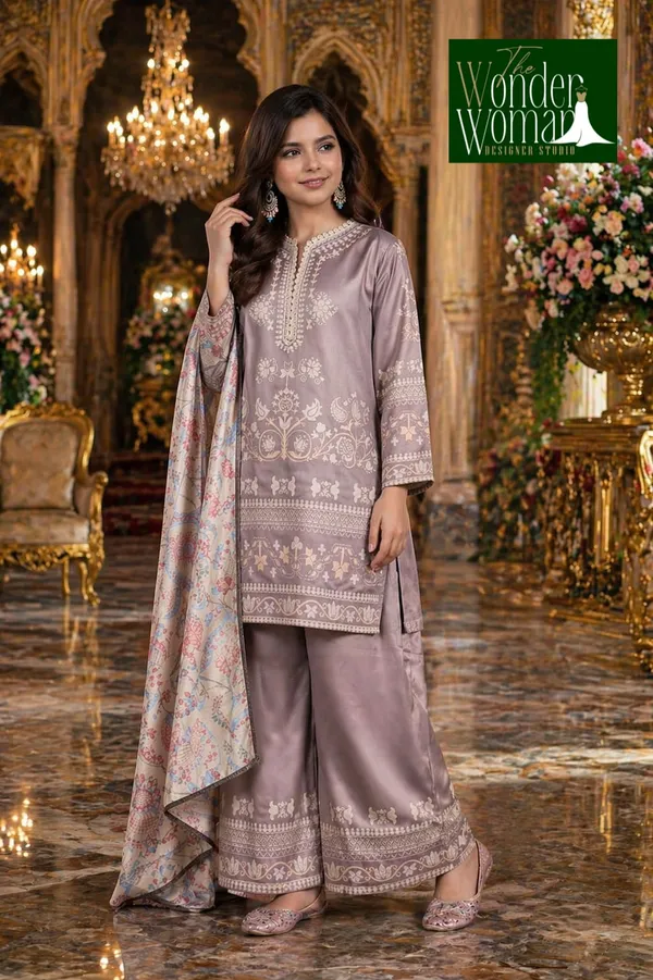 Cream_Satin_Printed_Set_With_Dupatta_For_Girls