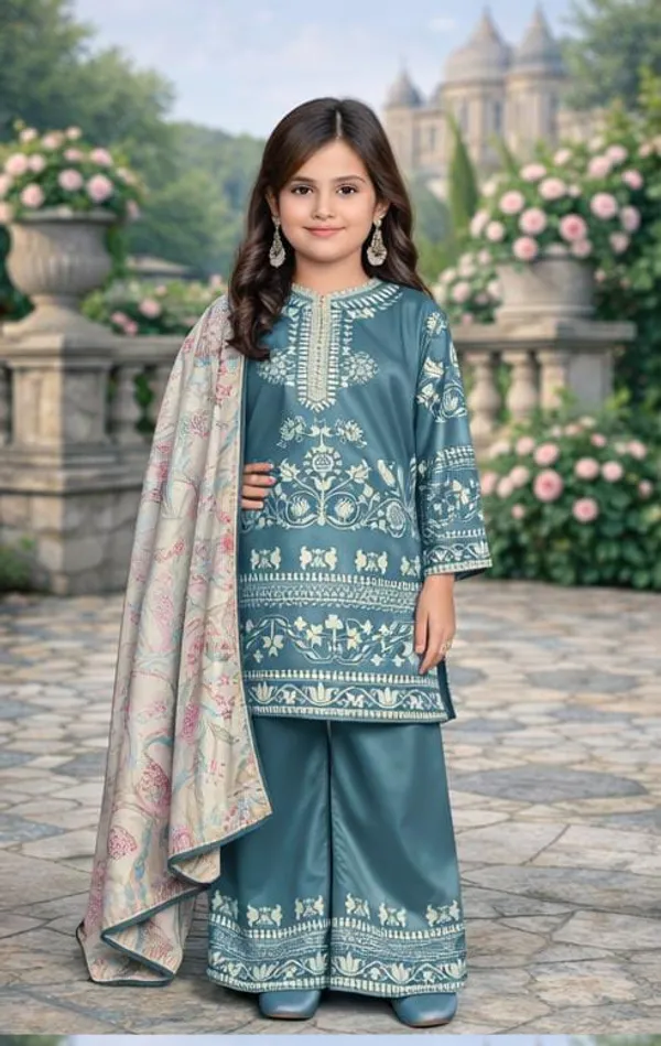 Teal_Satin_Printed_Set_With_Dupatta_For_Girls