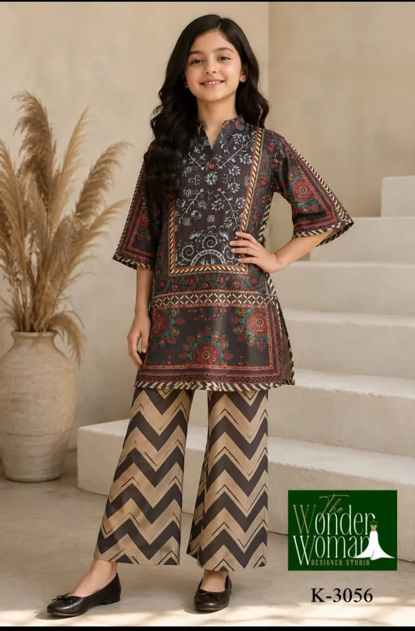 Dark_Brown_Satin_Printed_Classic_kurta_for_girls