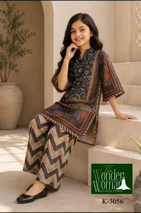 Dark_Brown_Satin_Printed_Classic_kurta_for_girls