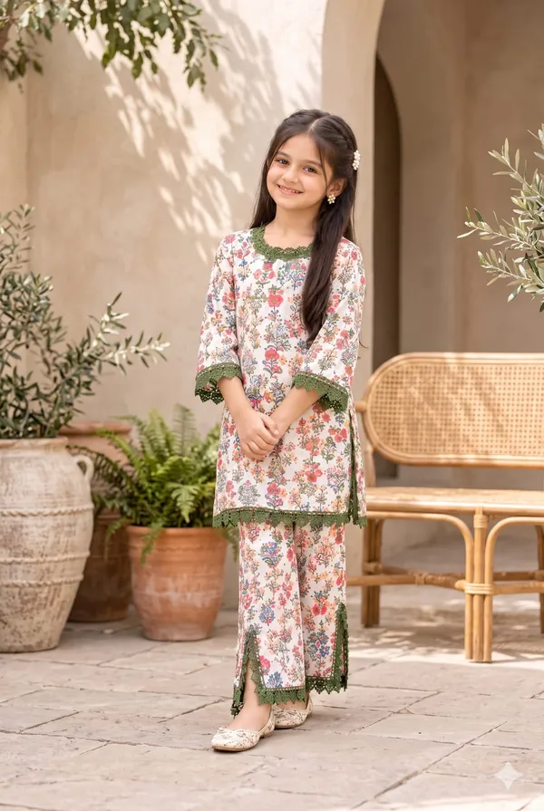 Light_floral_print_kids_suit_set_with_green_lace_trim_for_girls