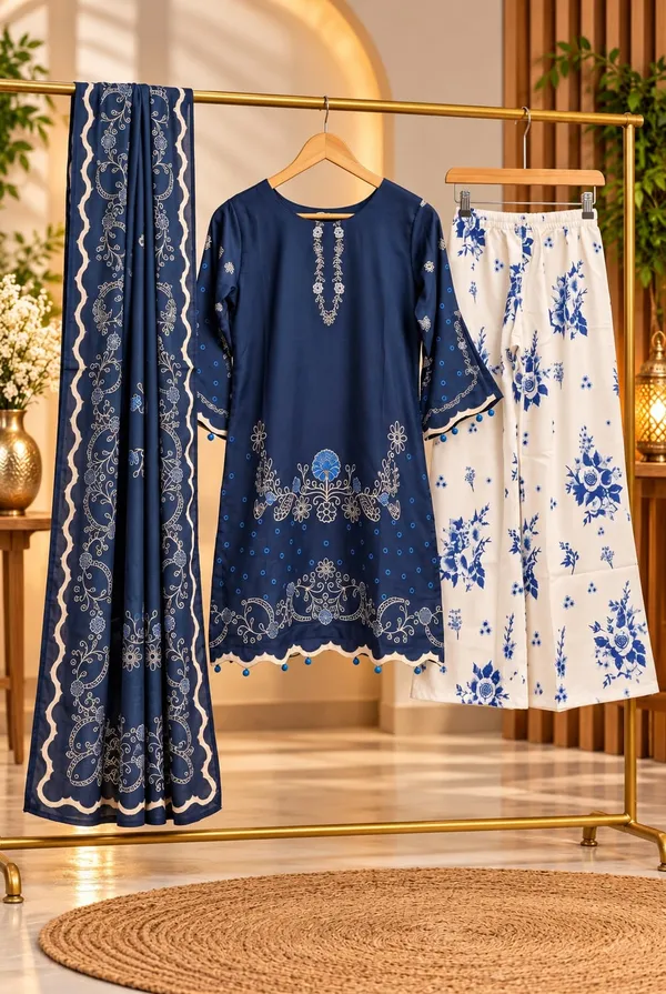 Deep_blue_printed_kurti_+_white_&_blue_patterned_palazzo_with_matching_dupatta_for_girls