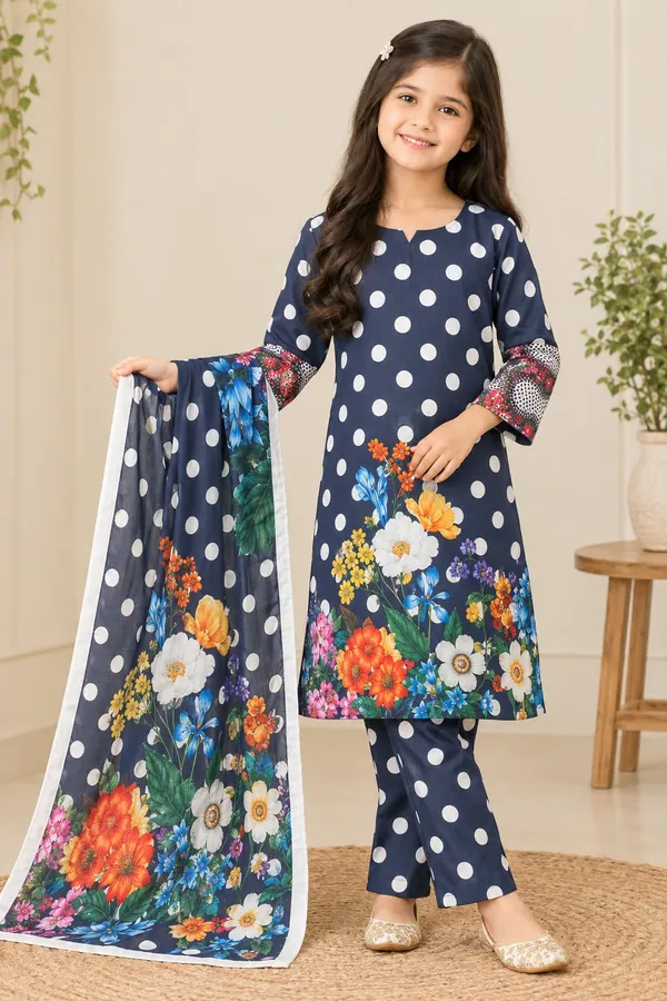 Dark_Blue_polka_dot_suit_set_with_floral_border_kurti_+_dupatta_for_girls