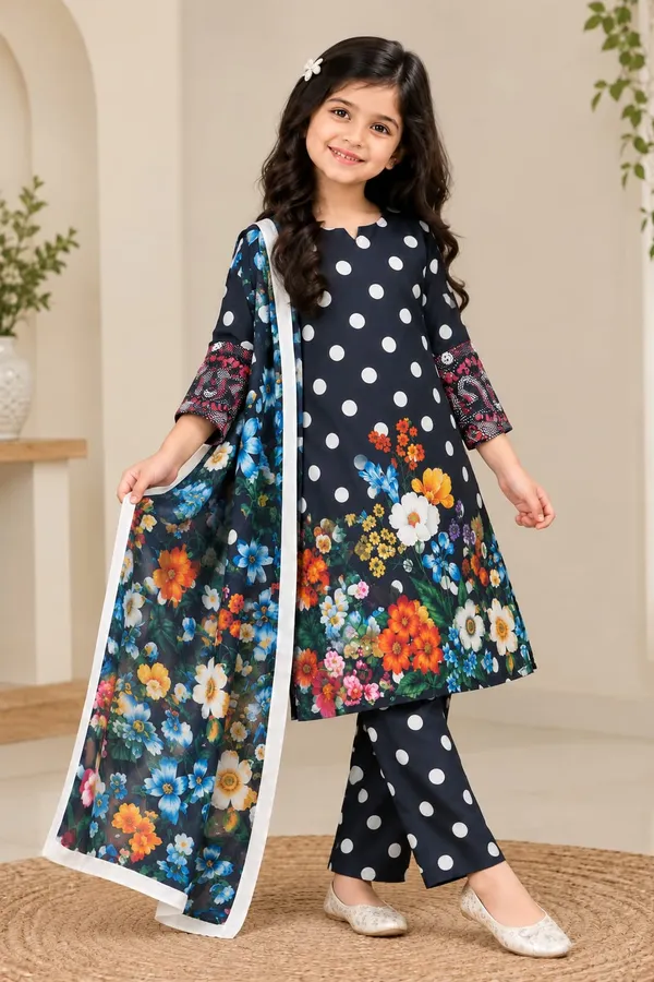 Navy_Blue_&_White_polka_dot_suit_set_with_floral_border_kurti_+_dupatta_for_girls