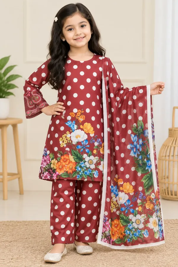 Maroon_polka_dot_suit_set_with_floral_border_kurti_+_dupatta_for_girls