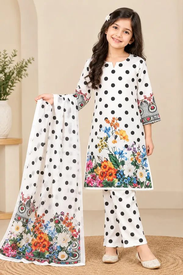 White_polka_dot_suit_set_with_floral_border_kurti_+_dupatta_for_girls