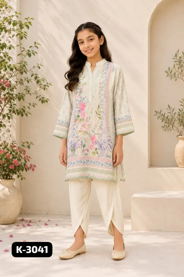 Light_Green_Floral_Printed_Satin_Dress_For_Girls