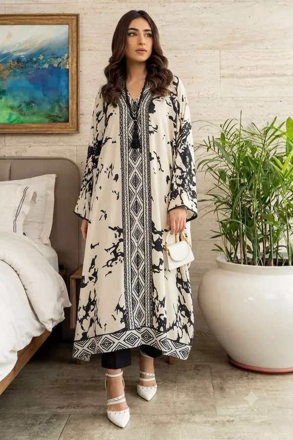 Cream_Printed_Kaftan_With_Bottom_For_Women