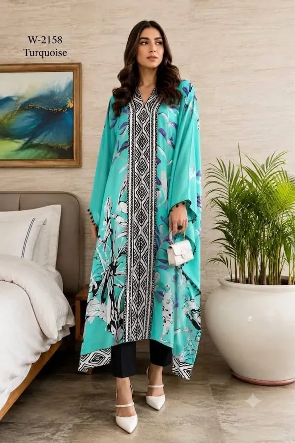 Turquoise_Printed_Kaftan_With_Bottom_For_Women
