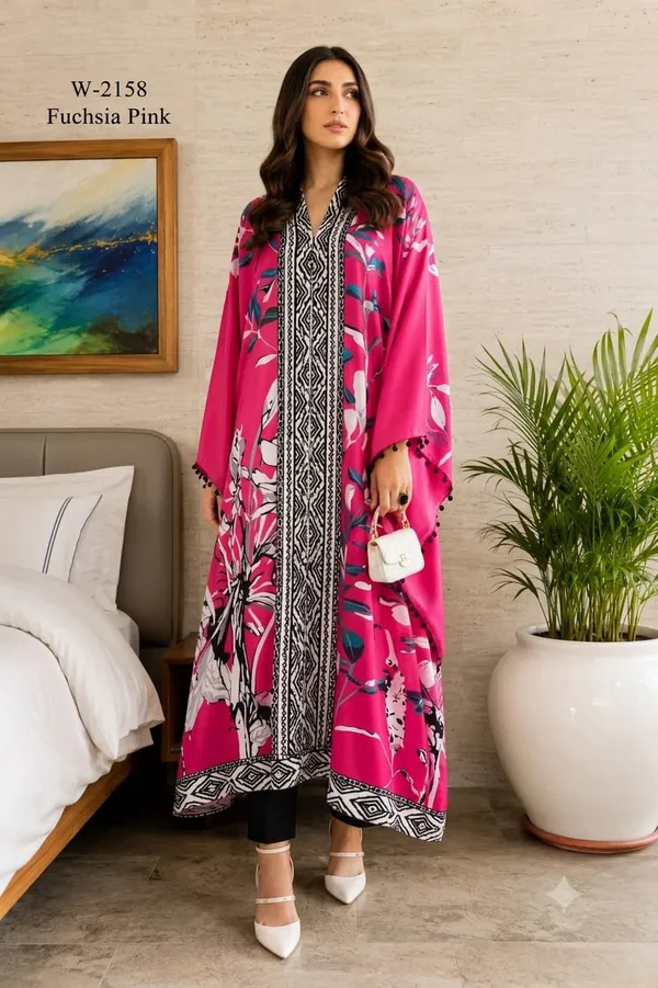 Fuchsia_Pink_Printed_Kaftan_With_Bottom_For_Women