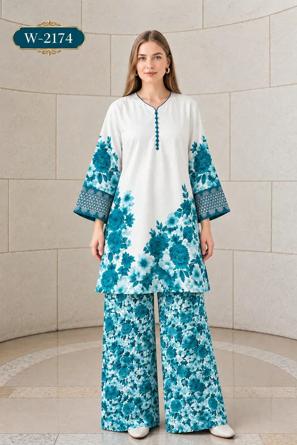 White_kurta_with_teal_floral_print_+_teal_floral_pants_for_women