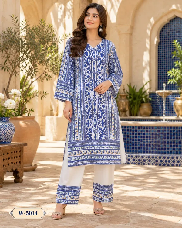 Royal_Blue_printed_kurti_+_white_pants_for_women