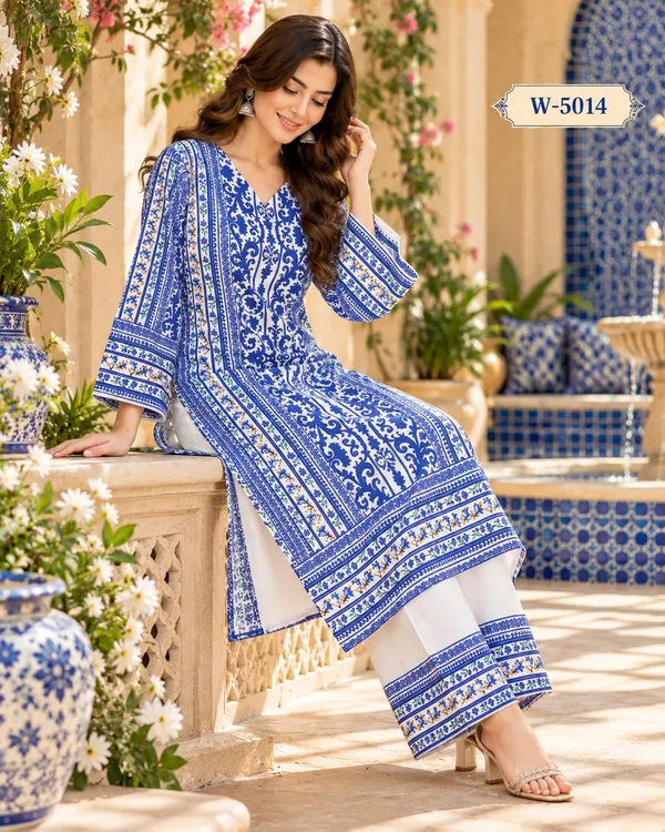 Royal_Blue_printed_kurti_+_white_pants_for_women