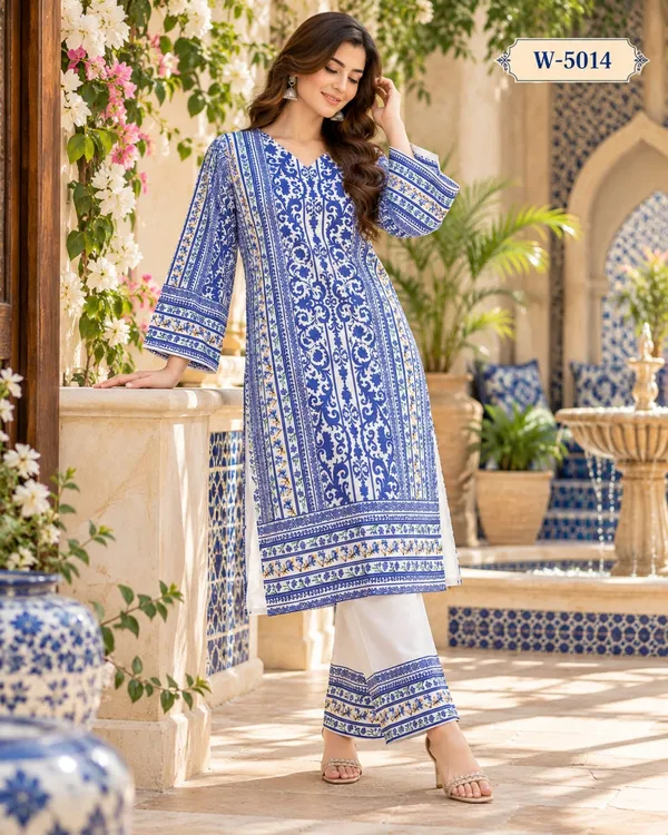 Royal_Blue_printed_kurti_+_white_pants_for_women