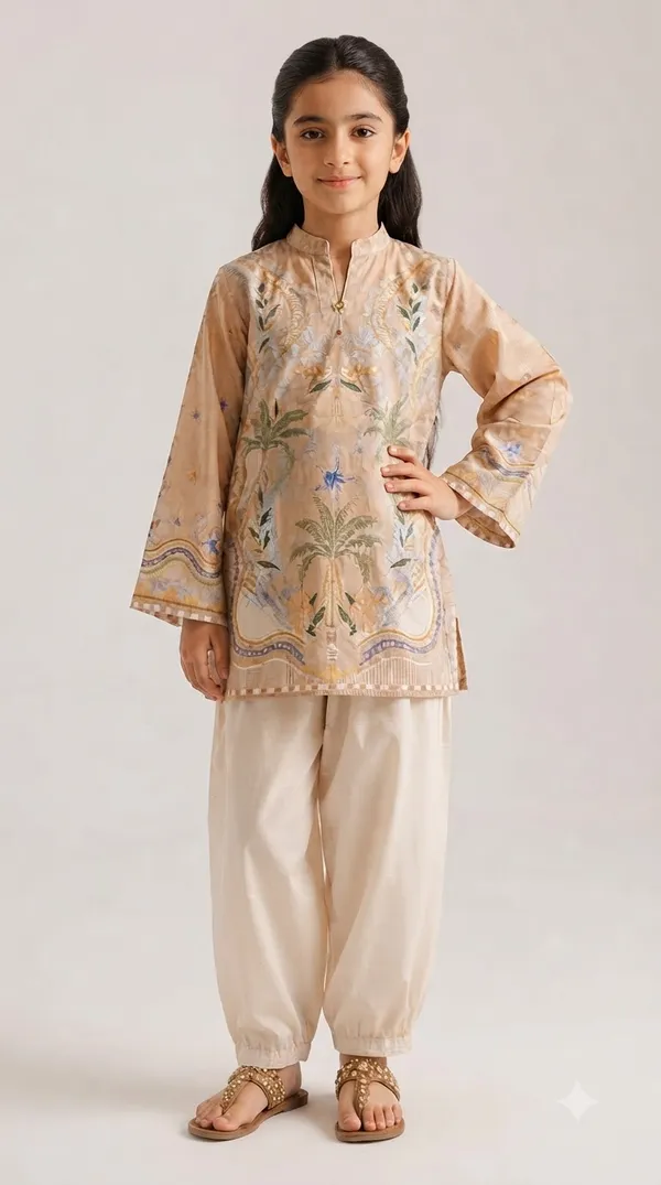 Cream_Palm_Print_Satin_Girls_Co-ord_Set