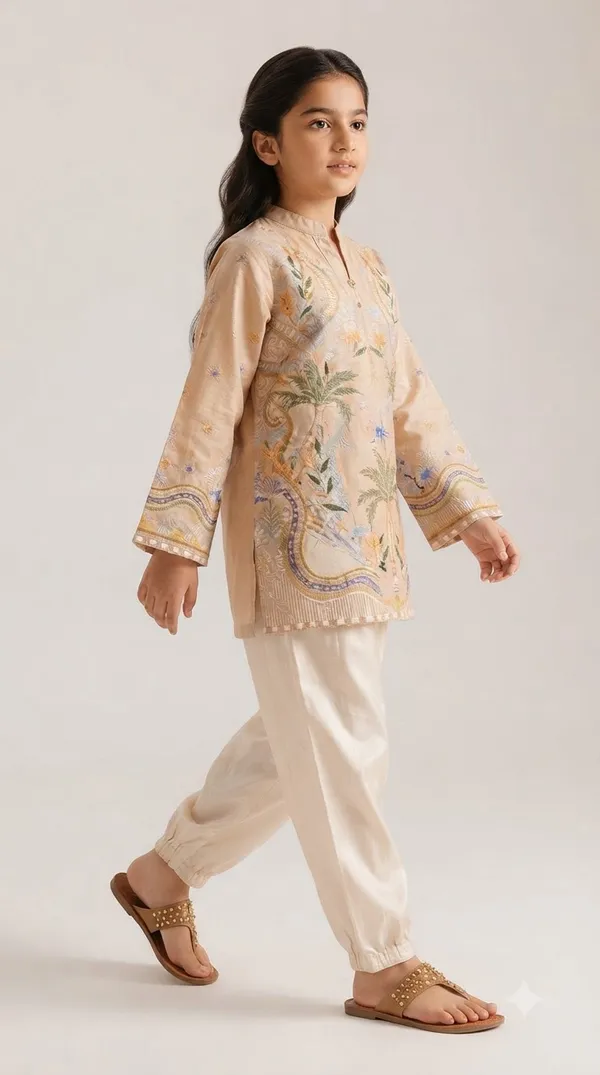 Cream_Palm_Print_Satin_Girls_Co-ord_Set