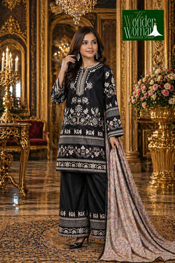 Black_Satin_Printed_Set_With_Dupatta_For_Girls