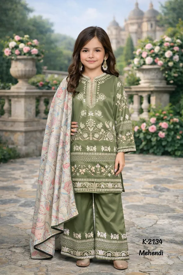 Mehendi_Satin_Printed_Set_With_Dupatta_For_Girls