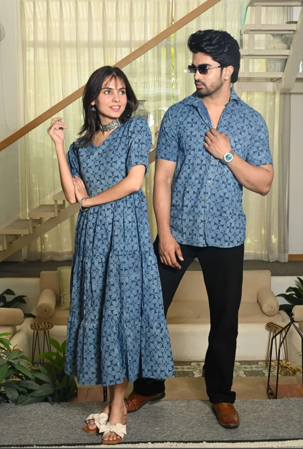 Blue_Geometric_Block_Print_Cotton_Couple_Matching_Anarkali_Midi_Dress_&_Shirt_Set