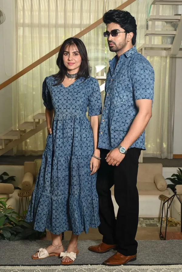 Blue_Geometric_Block_Print_Cotton_Couple_Matching_Anarkali_Midi_Dress_&_Shirt_Set