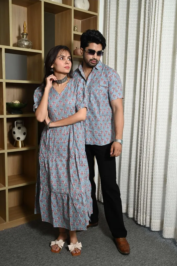 Sky_Blue_Pink_Floral_Print_Cotton_Couple_Matching_Anarkali_Midi_Dress_&_Shirt_Set