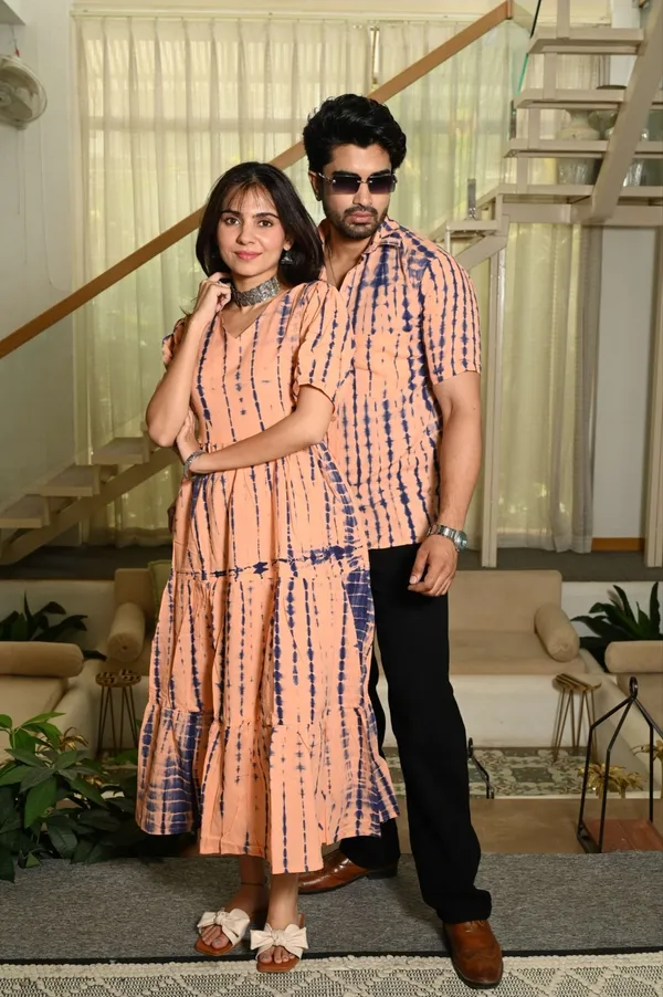 Peach_Printed_Cotton_Couple_Matching_Anarkali_Midi_Dress_&_Shirt_Set