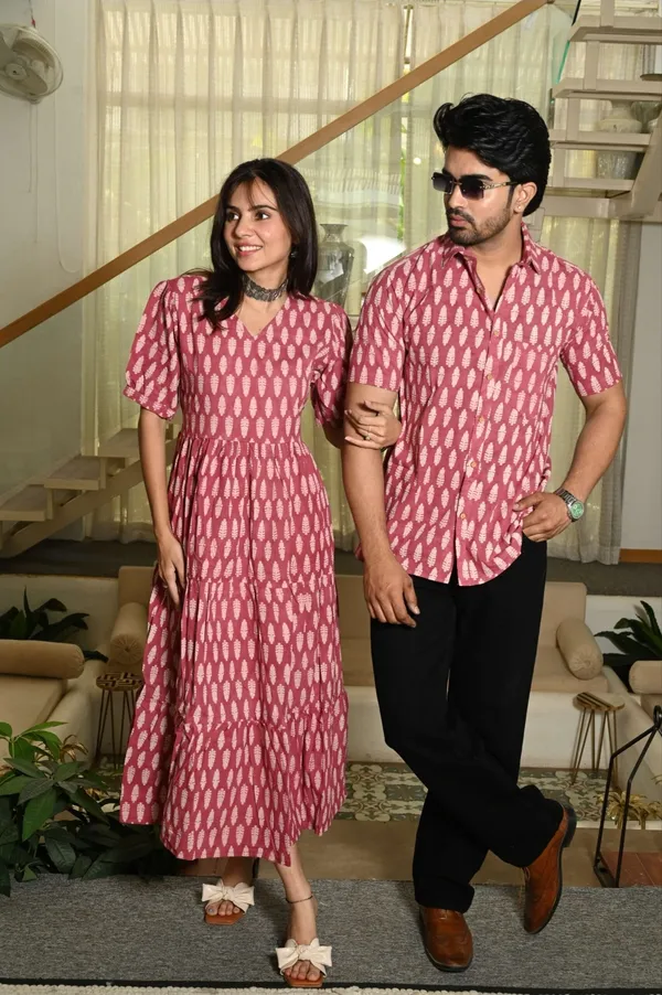 Pink_White_Handblock_Leaf_Print_Cotton_Couple_Matching_Anarkali_Midi_Dress_&_Shirt_Set