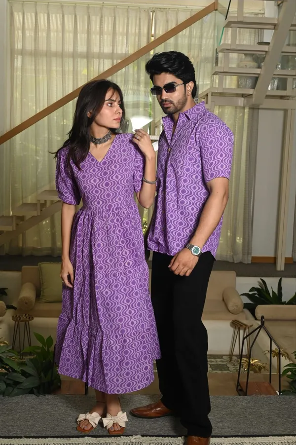 Purple_Geometric_Wave_Print_Cotton_Couple_Matching_Anarkali_Midi_Dress_&_Shirt_Set