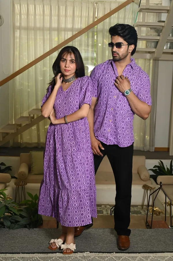 Purple_Geometric_Wave_Print_Cotton_Couple_Matching_Anarkali_Midi_Dress_&_Shirt_Set