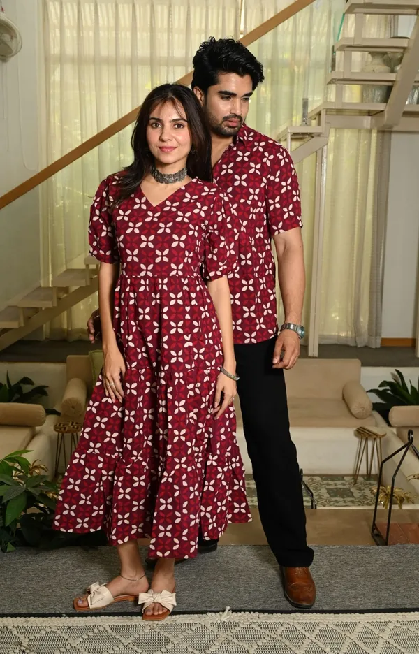 Maroon_White_Floral_Print_Cotton_Couple_Matching_Anarkali_Midi_Dress_&_Shirt_Set