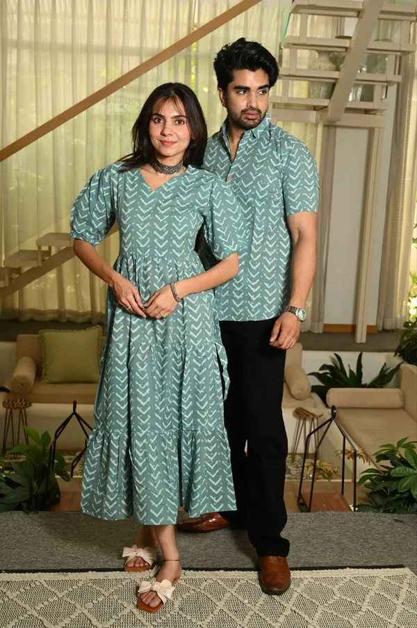 Green_Arrow_Print_Cotton_Couple_Matching_Anarkali_Midi_Dress_&_Shirt_Set