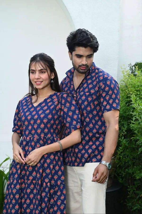 Navy_Blue_Printed_Cotton_Couple_Matching_Anarkali_Midi_Dress_&_Shirt_Set