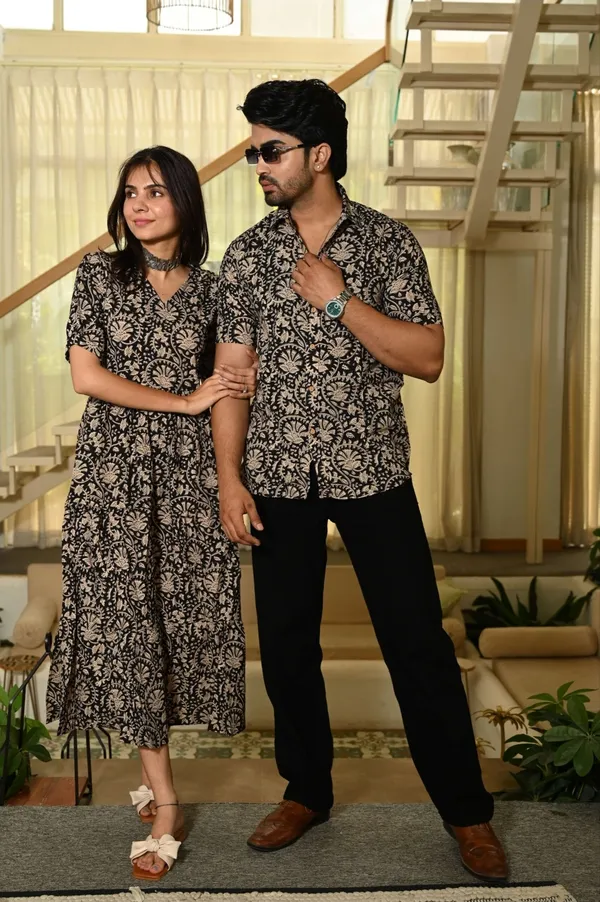 Green_Ethnic_Motif_Print_Cotton_Couple_Matching_Anarkali_Midi_Dress_&_Shirt_Set