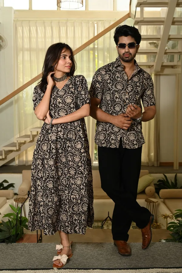 Green_Ethnic_Motif_Print_Cotton_Couple_Matching_Anarkali_Midi_Dress_&_Shirt_Set